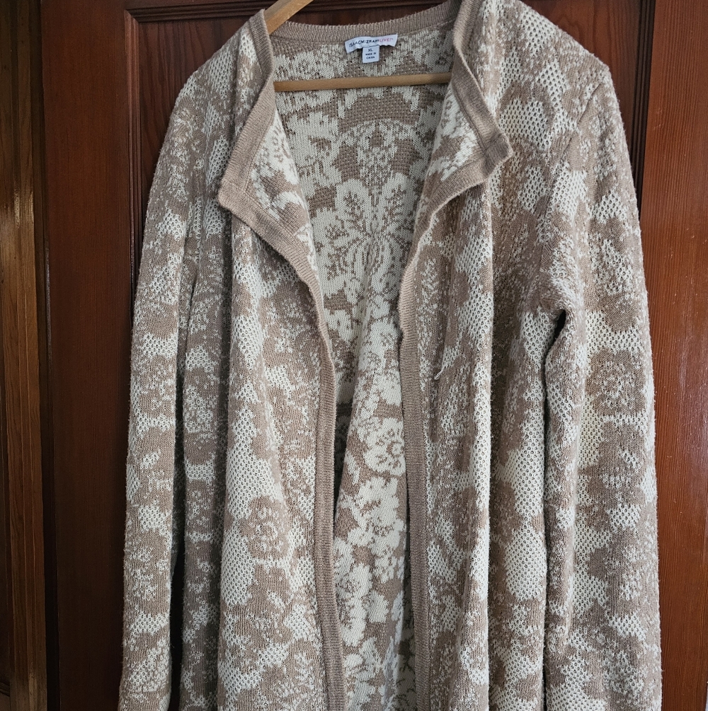 Isaac Mizrahi Tan Floral Open Cardigan Tight Knit Loose Fit Sz Xl